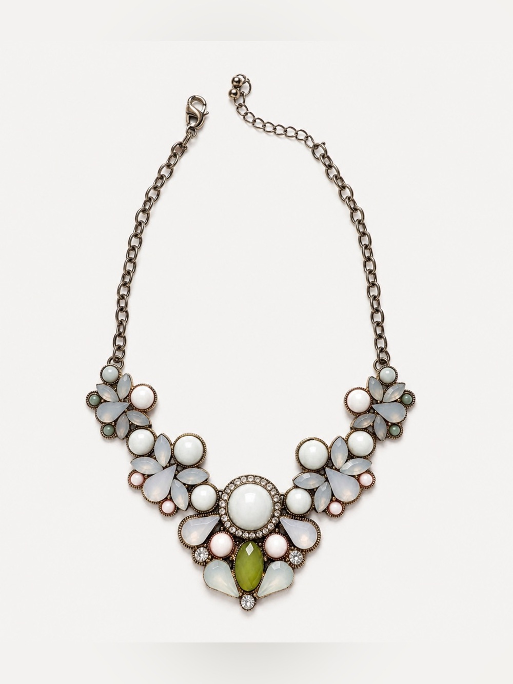 Vintage Statement Floral Gemstone Necklace Gold Tone Pastel Crystal Bib